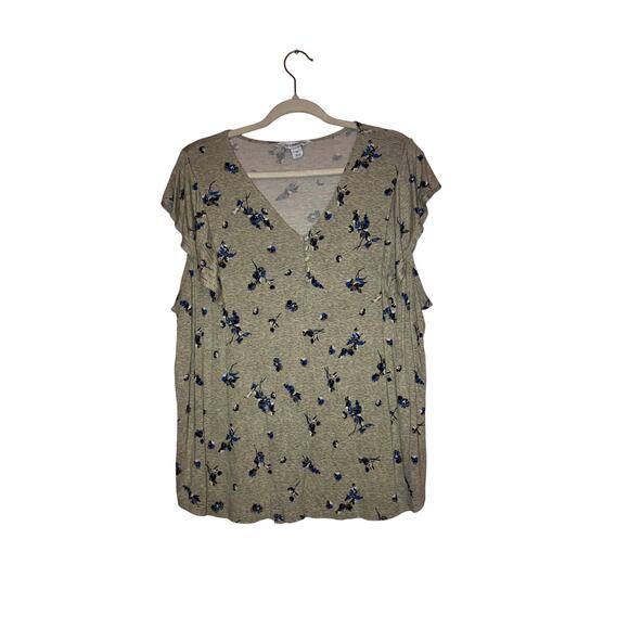 Liz Claiborne Grey Blue Floral Flutter Sleeve Stretch Knit Top Size 1X - Picture 1 of 6